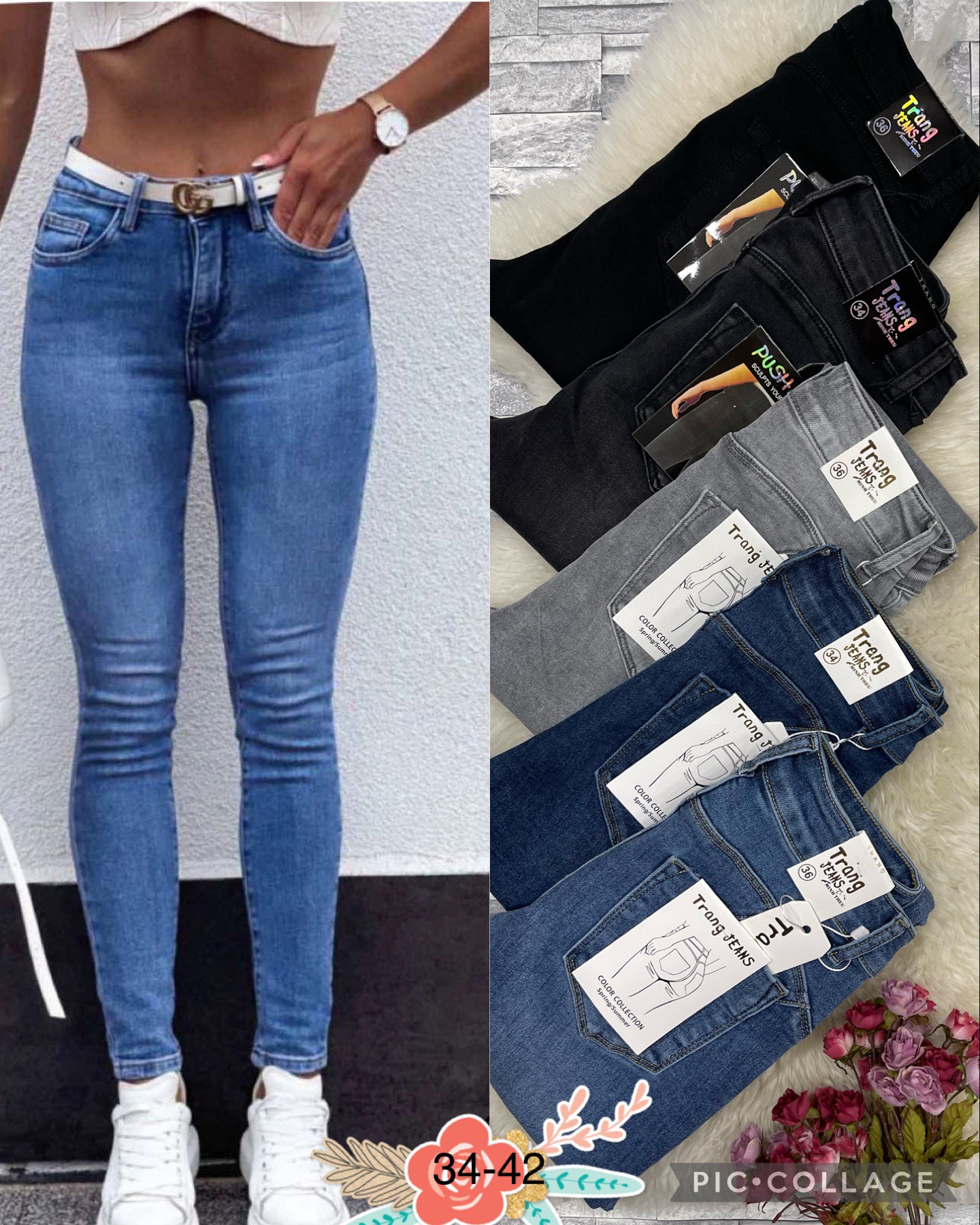 Spodnie damskie jeansy Roz 34-42 ,  1 kolor . Paczka 10 szt