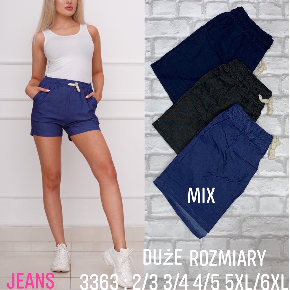 Szorty damskie jeansy Roz 2XL-6XL,  Paczka 12 szt . Mix kolor.