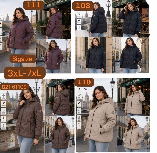 Kurtki damskie zimowe Roz 3XL-7XL, 1 Kolor Paczka 5 szt