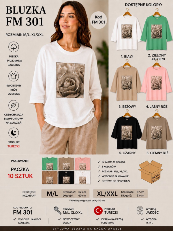 Bluzki damskie Roz M-2XL, Mix Kolor Paczka 10 szt